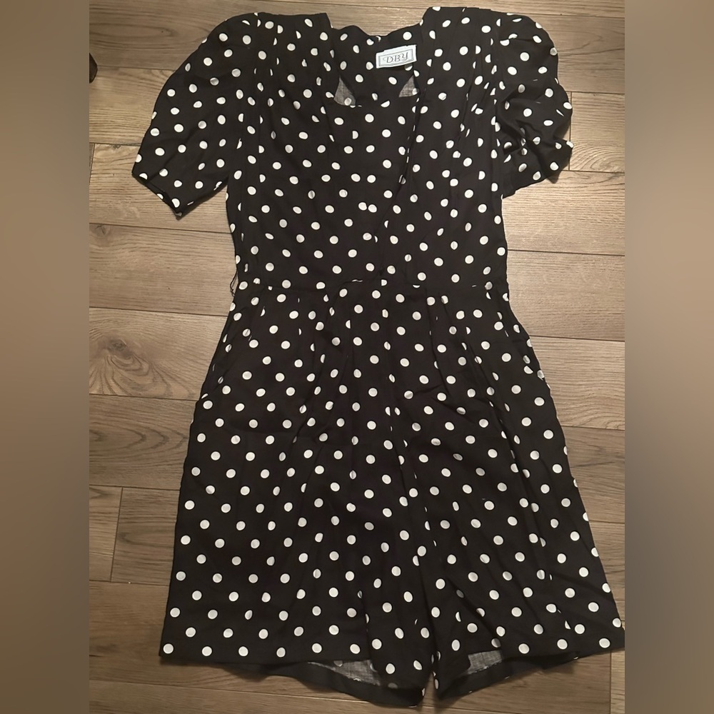 VINTAGE D.B.Y ltd romper black with white polka dots also shoulder pads(no belt)